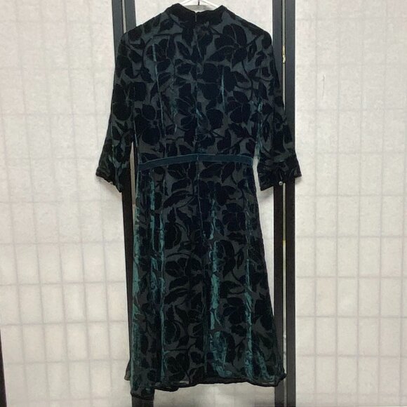 Rick Rhe Handmade Italy Silk Velvet Devore ¾ Sleeve Lined High Neck Ruffle Dress - Picture 2 of 13
